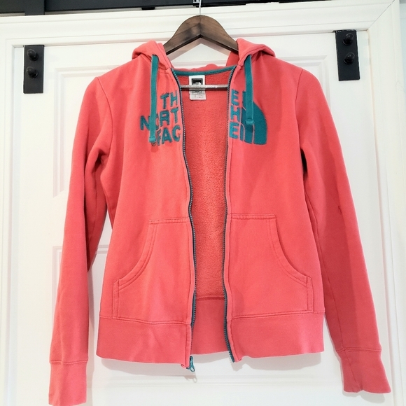The North Face Womens XS 4 Embroidered Zip Hoodie Fleece Lined Coral Teal Jacket - Picture 4 of 15